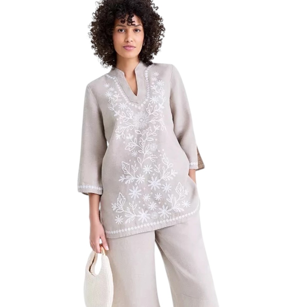 Charter Club Womens 100% Linen Embroidered 3/4 Sleeve‎ Tunic Top Sz M